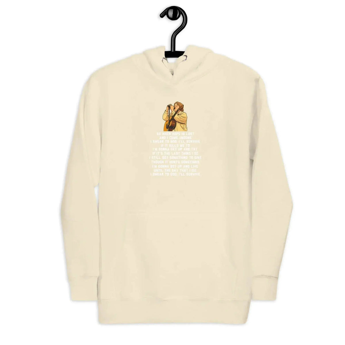 Bone unisex pullover hoodie with front lyric graphic, hood, and drawstring