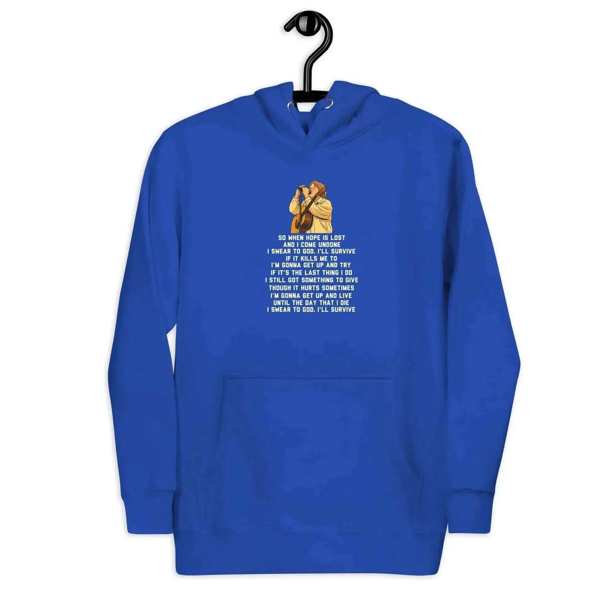 Unisex pullover hoodie, royal blue, front graphic print and hood kangaroo pocket