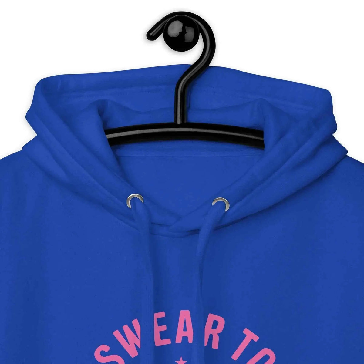 Unisex hoodie in royal blue, front drawstring hood with large 'Swear it' print