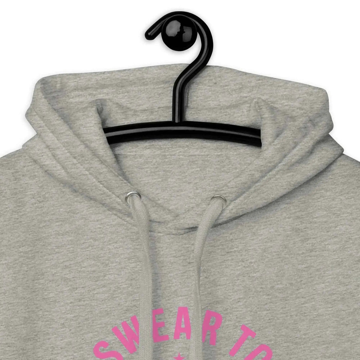 Heather gray hoodie close-up with hood drawstrings and pink “Swear to God, I’ll Survive” graphic