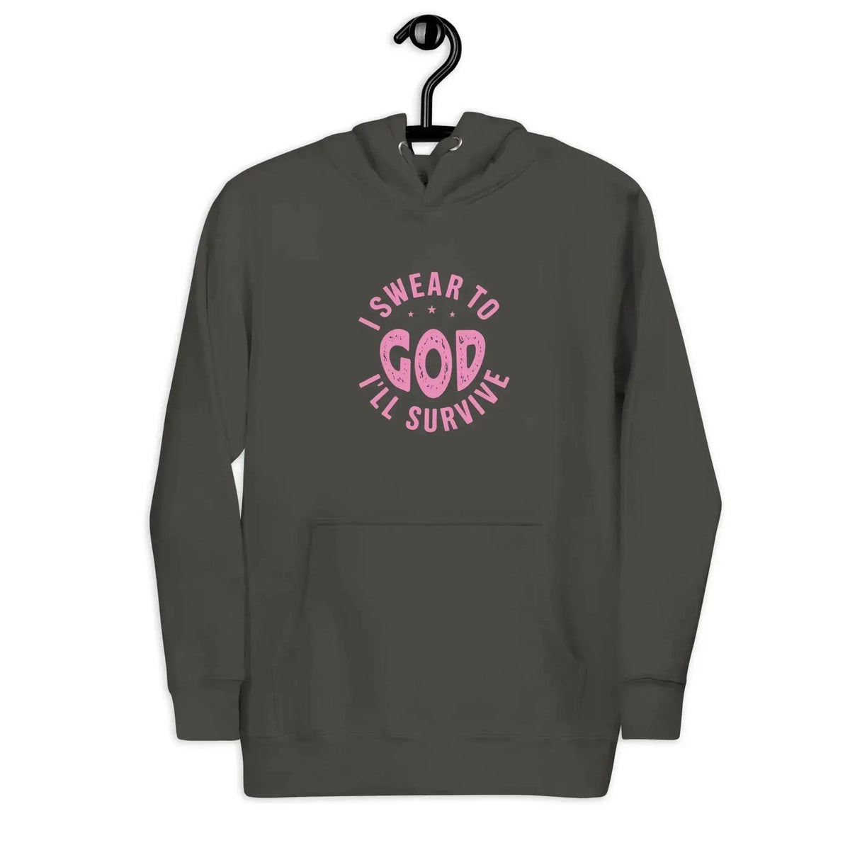 Charcoal gray unisex hoodie with front graphic text and hood drawstrings