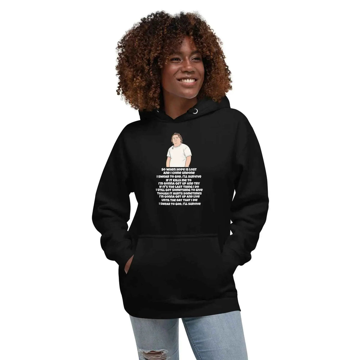 Black unisex pullover hoodie with hood, drawstrings, kangaroo pocket and front graphic