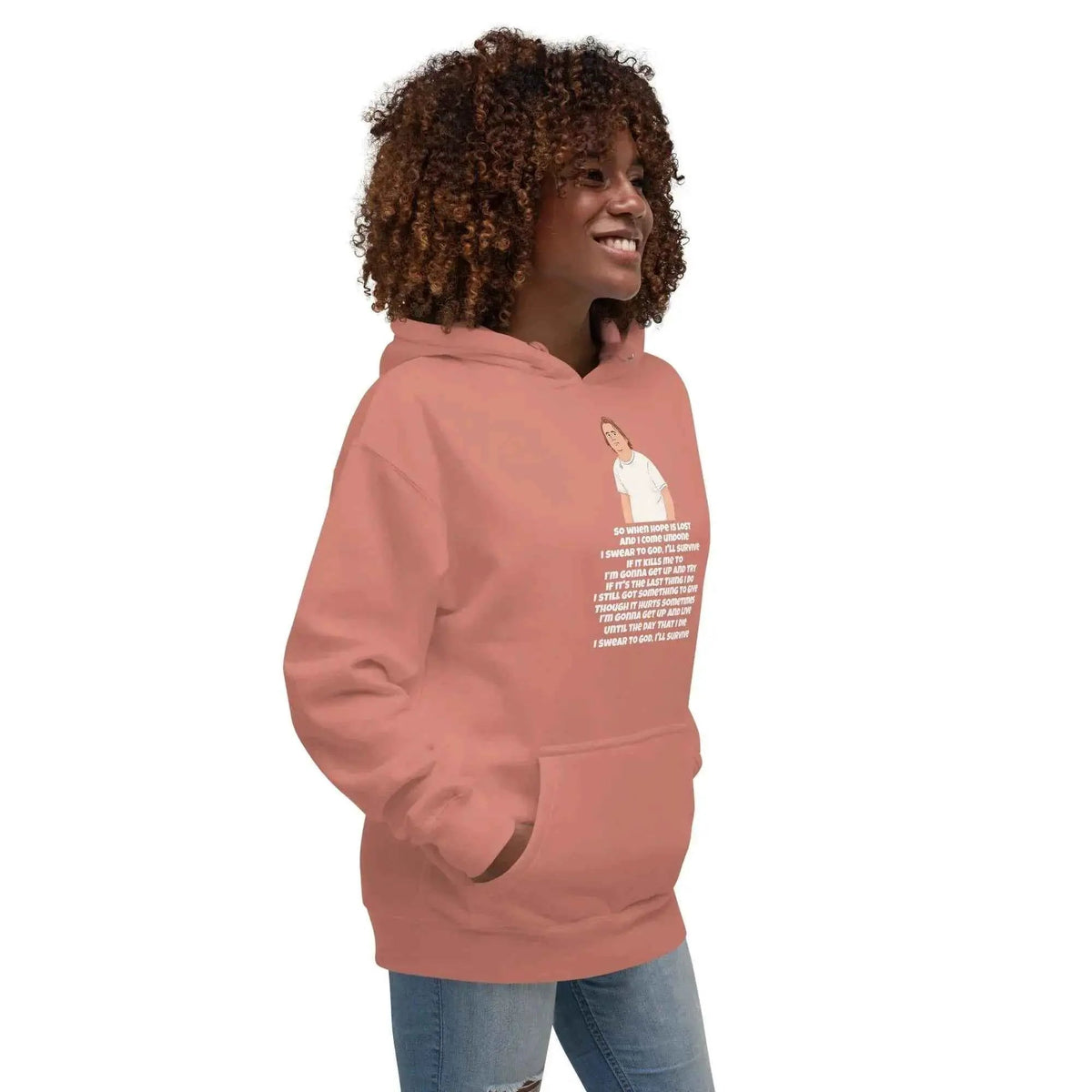 Unisex pullover hoodie in dusty rose with back graphic, hood drawstrings, kangaroo pocket
