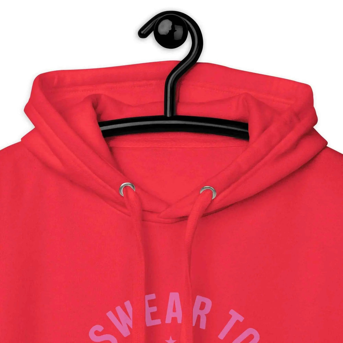 Red unisex hoodie hood with pink front graphic text on chest