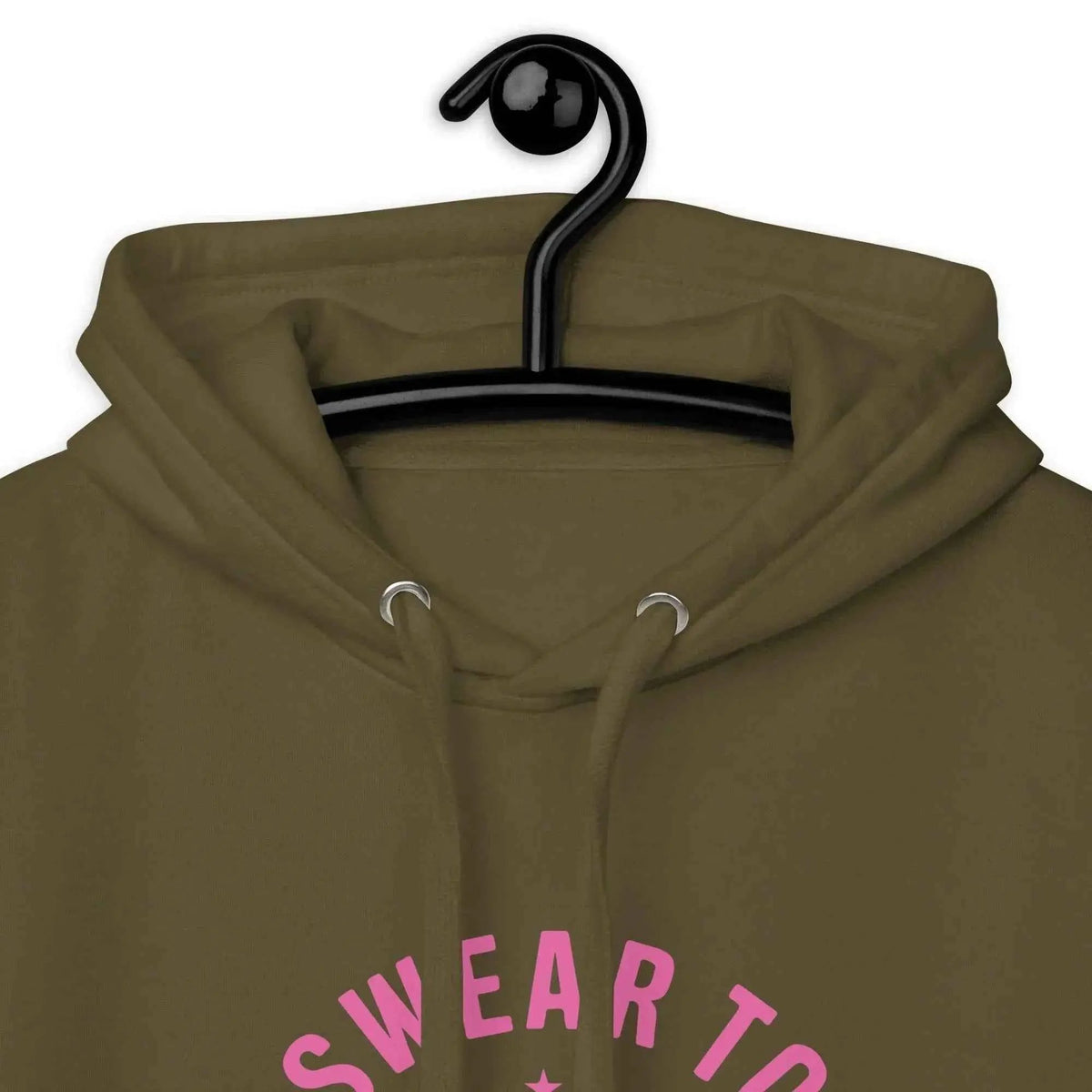 Unisex hoodie in olive, front hood and drawstrings with 'Swear it' graphic