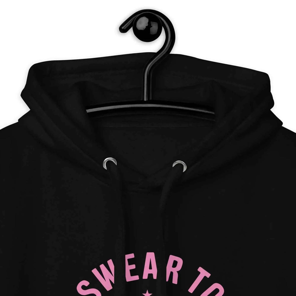 Black hoodie close-up with hood drawstrings and pink “Swear to God, I’ll Survive” graphic