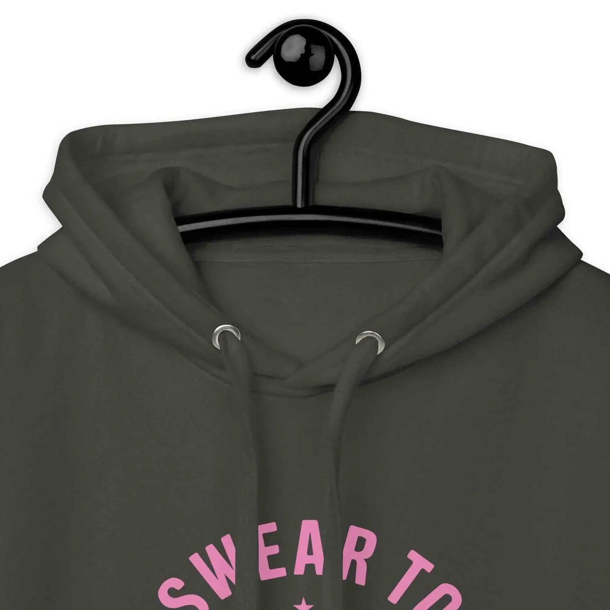 Charcoal gray unisex hoodie hood with pink front graphic text on chest