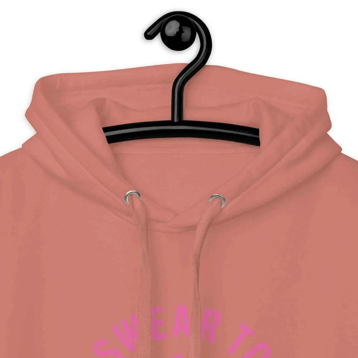 Unisex hoodie in dusty pink, front hood and drawstrings with graphic text