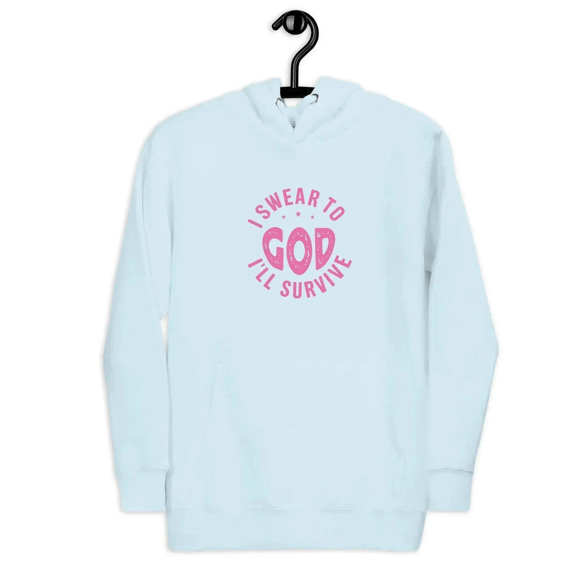 Light blue unisex hoodie with front graphic text and hood drawstrings