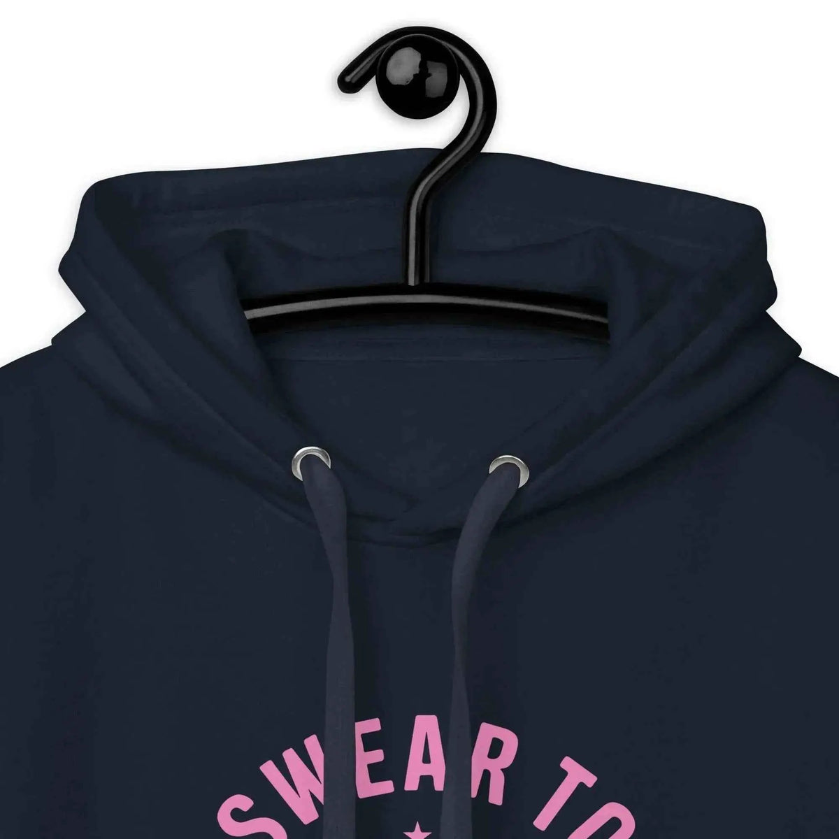 Unisex hoodie in dark navy, front drawstring hood with chest graphic text