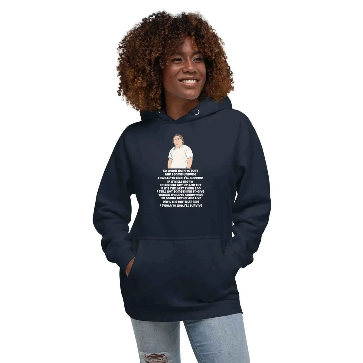 Navy unisex pullover hoodie with hood, drawstrings, kangaroo pocket and front graphic