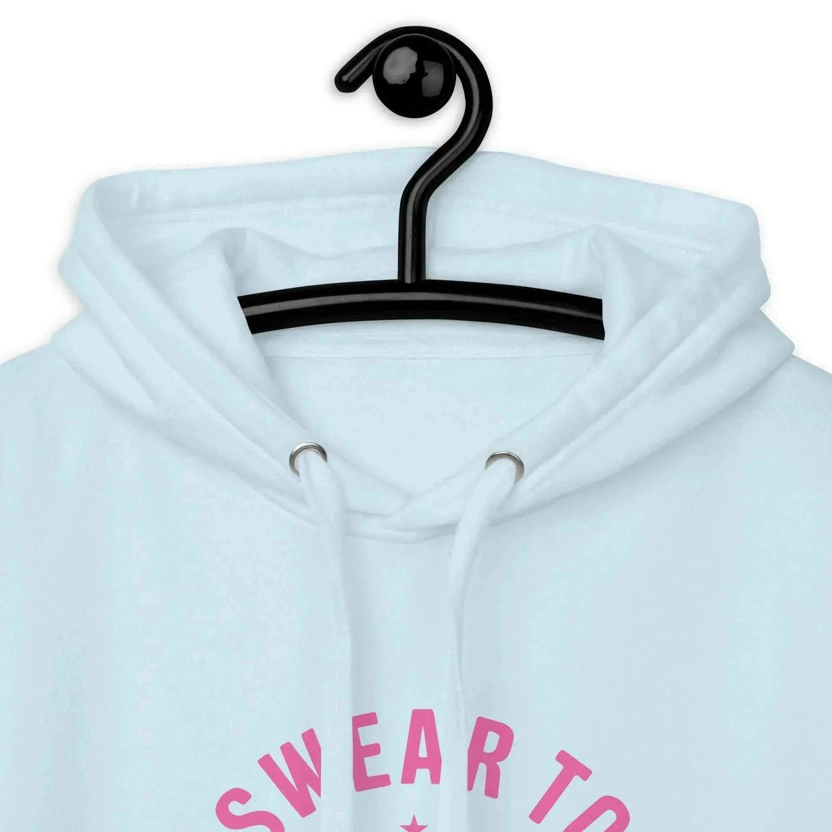 Light blue unisex hoodie hood with pink front graphic text on chest