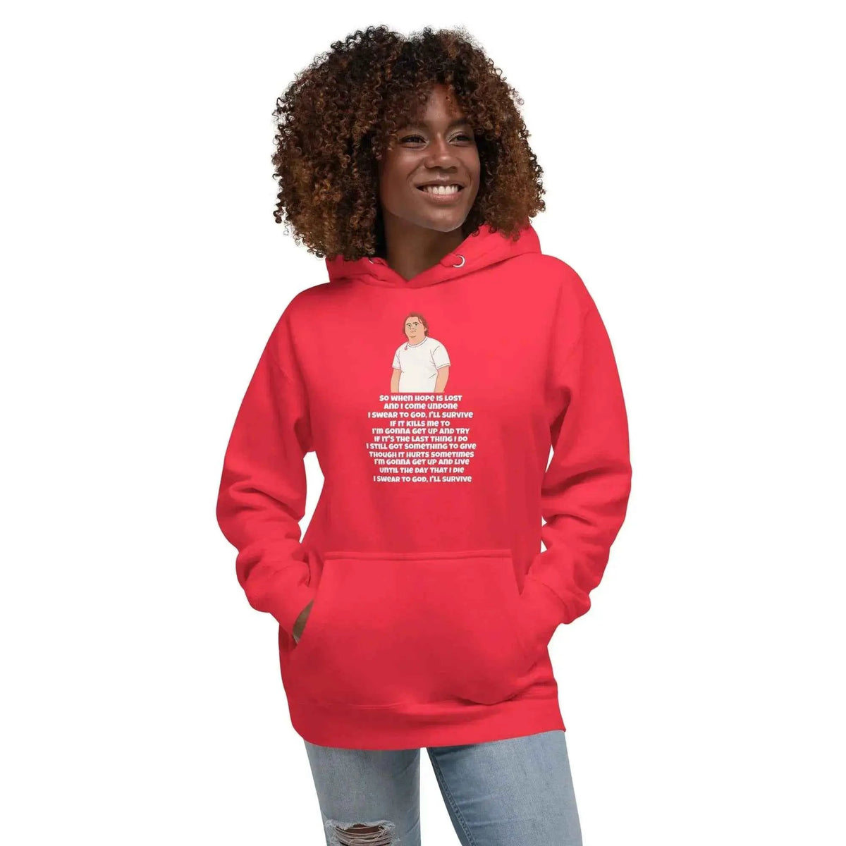 Unisex red graphic hoodie with drawstring hood and front pouch pocket