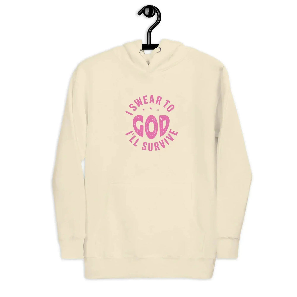 Bone white unisex hoodie with front graphic text and hood drawstrings
