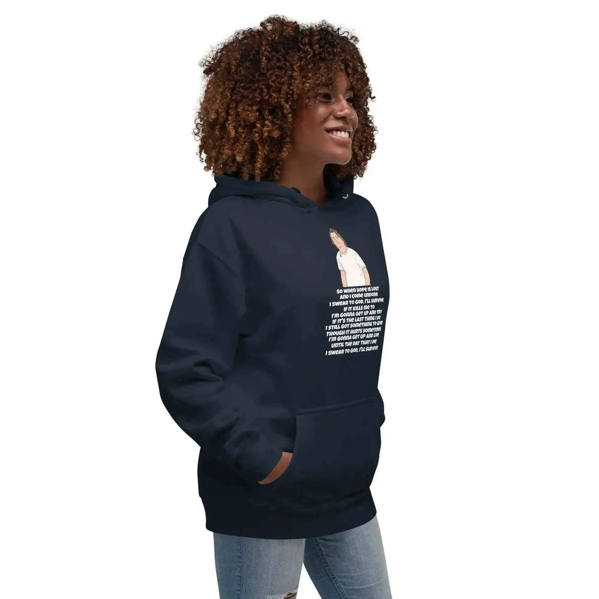 Navy unisex pullover hoodie with hood and kangaroo pocket, side front graphic