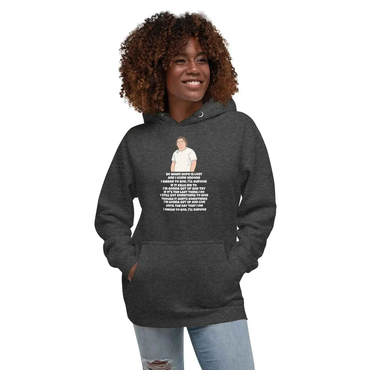 Charcoal gray unisex pullover hoodie with hood, drawstrings, kangaroo pocket and graphic