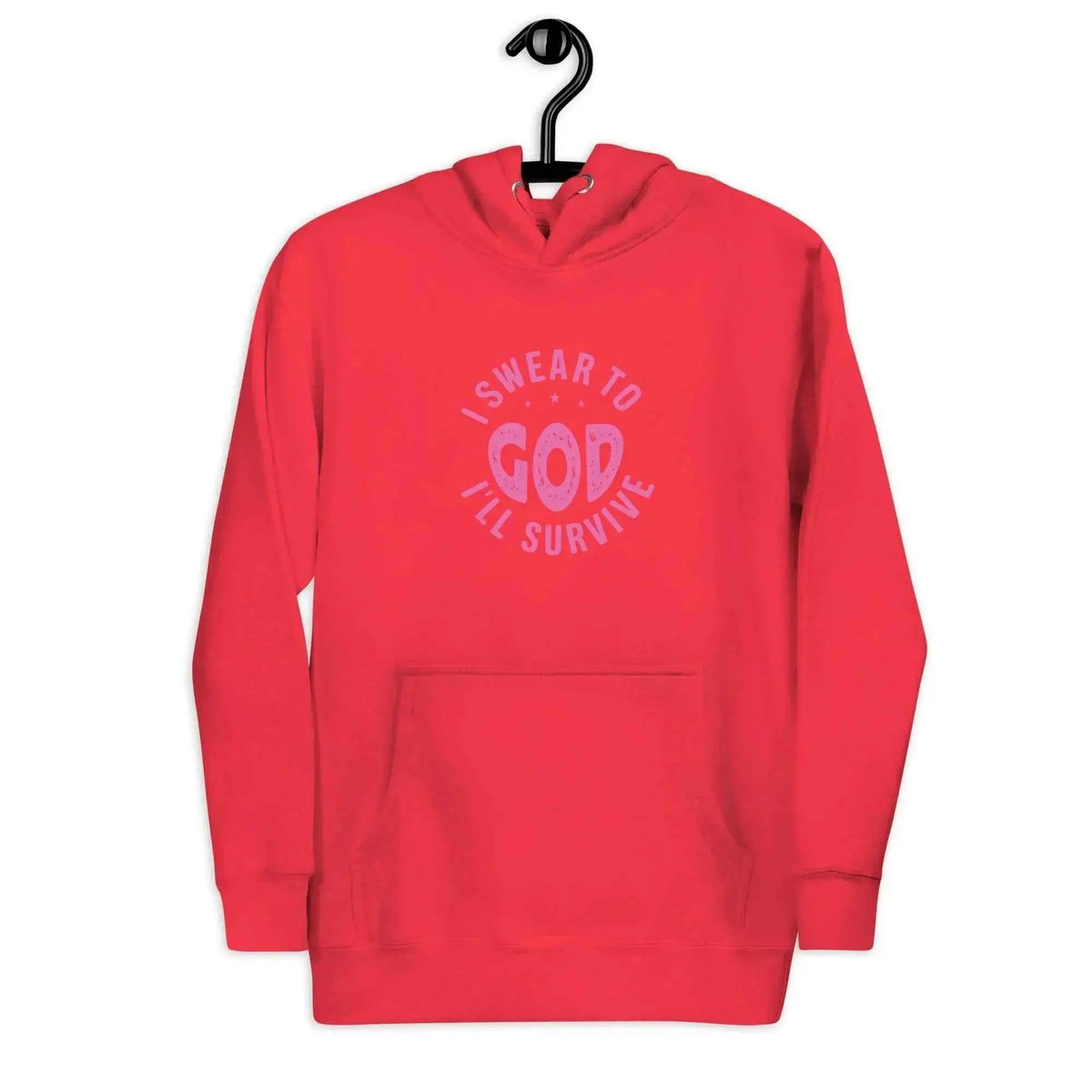 Red unisex hoodie with front graphic text and hood drawstrings