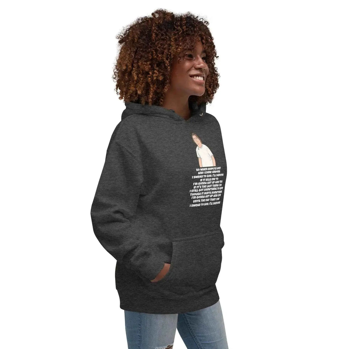Charcoal gray unisex pullover hoodie with hood and kangaroo pocket, side graphic