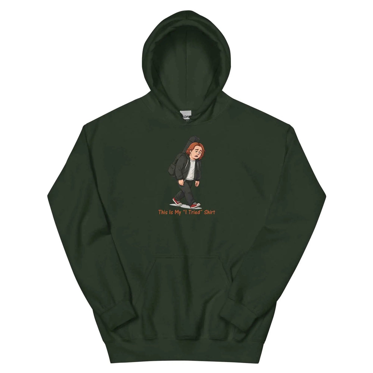 Forest green pullover hoodie with character graphic and red 'This Is My I Tried Shirt' text