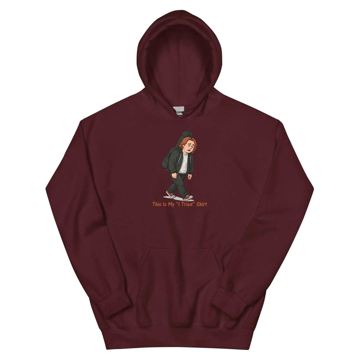 Maroon pullover hoodie with character graphic and red 'This Is My I Tried Shirt' text