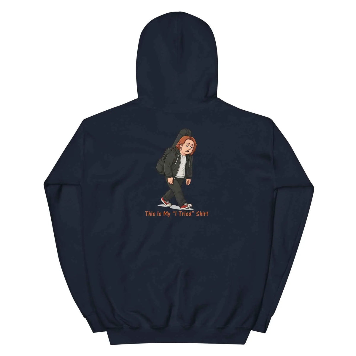 Navy pullover hoodie with back character graphic and red 'This Is My I Tried Shirt' text