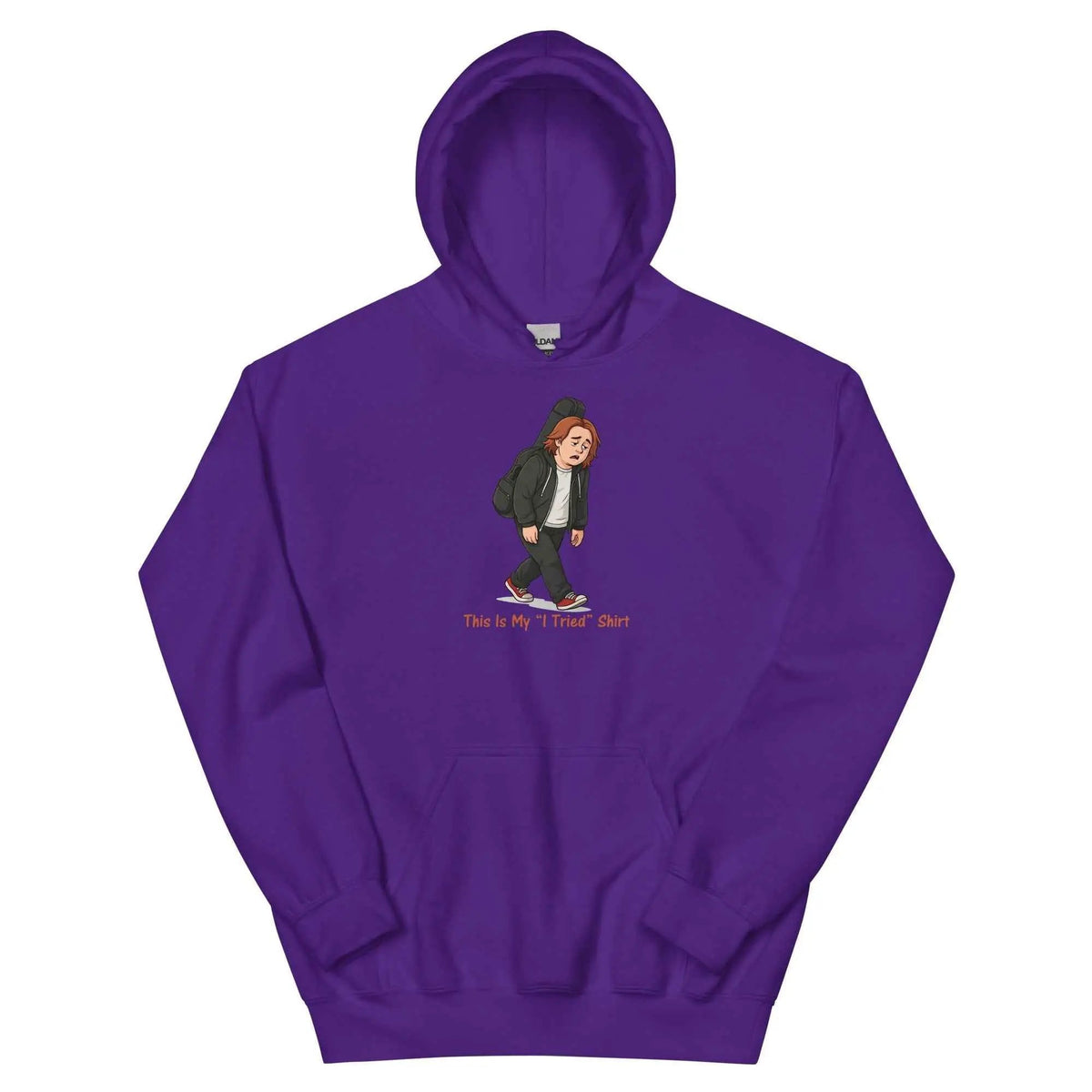 Purple pullover hoodie with front pouch pocket and cartoon graphic on chest