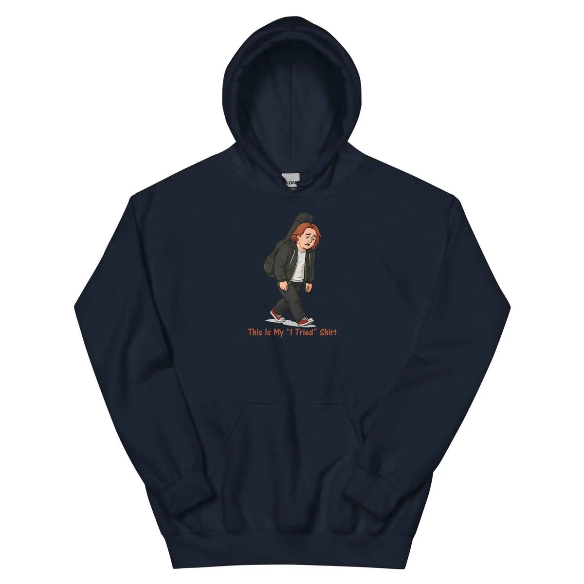 Navy pullover hoodie with character graphic and red 'This Is My I Tried Shirt' text