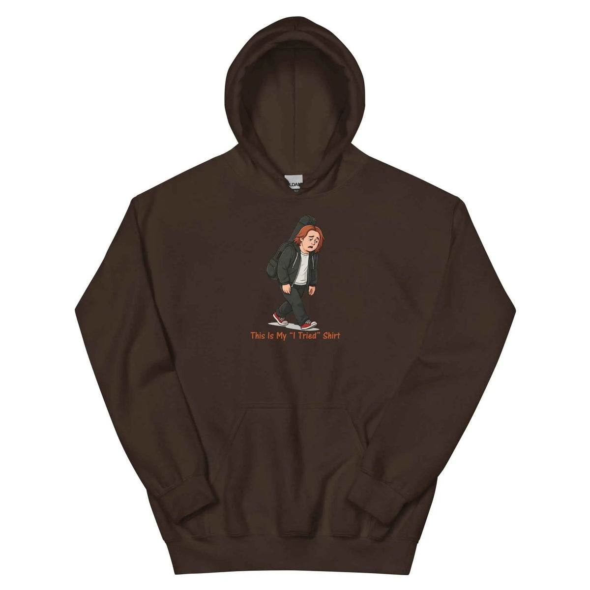 Dark chocolate pullover hoodie with character graphic and red 'This Is My I Tried Shirt' text