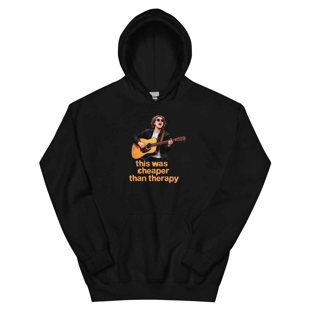 Black pullover hoodie with hood and guitar graphic reading “this was cheaper than therapy”