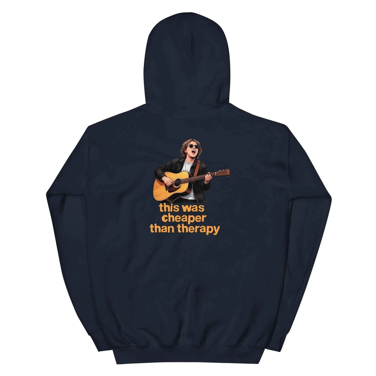 Navy pullover hoodie with hood and back guitar graphic reading “this was cheaper than therapy”