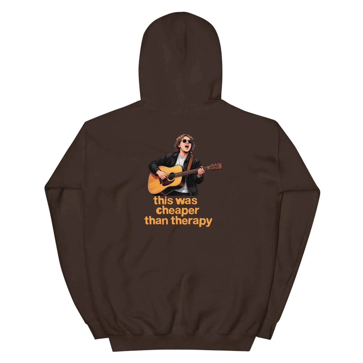 Dark chocolate pullover hoodie with hood and back guitar graphic reading “this was cheaper than therapy”