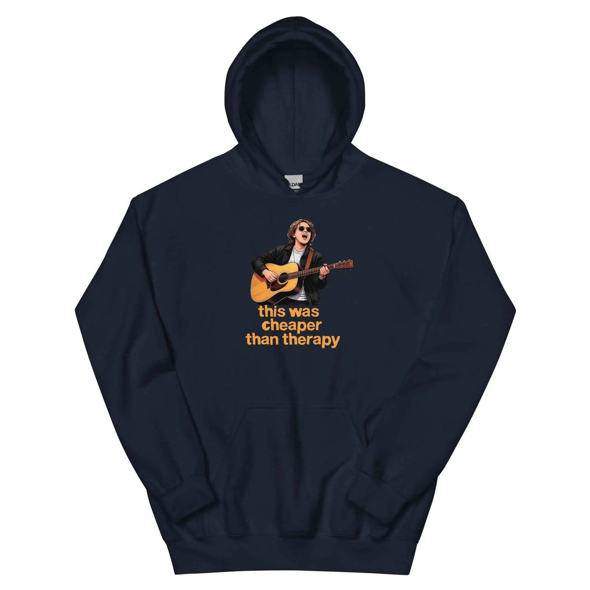 Navy pullover hoodie with hood and guitar graphic reading “this was cheaper than therapy”