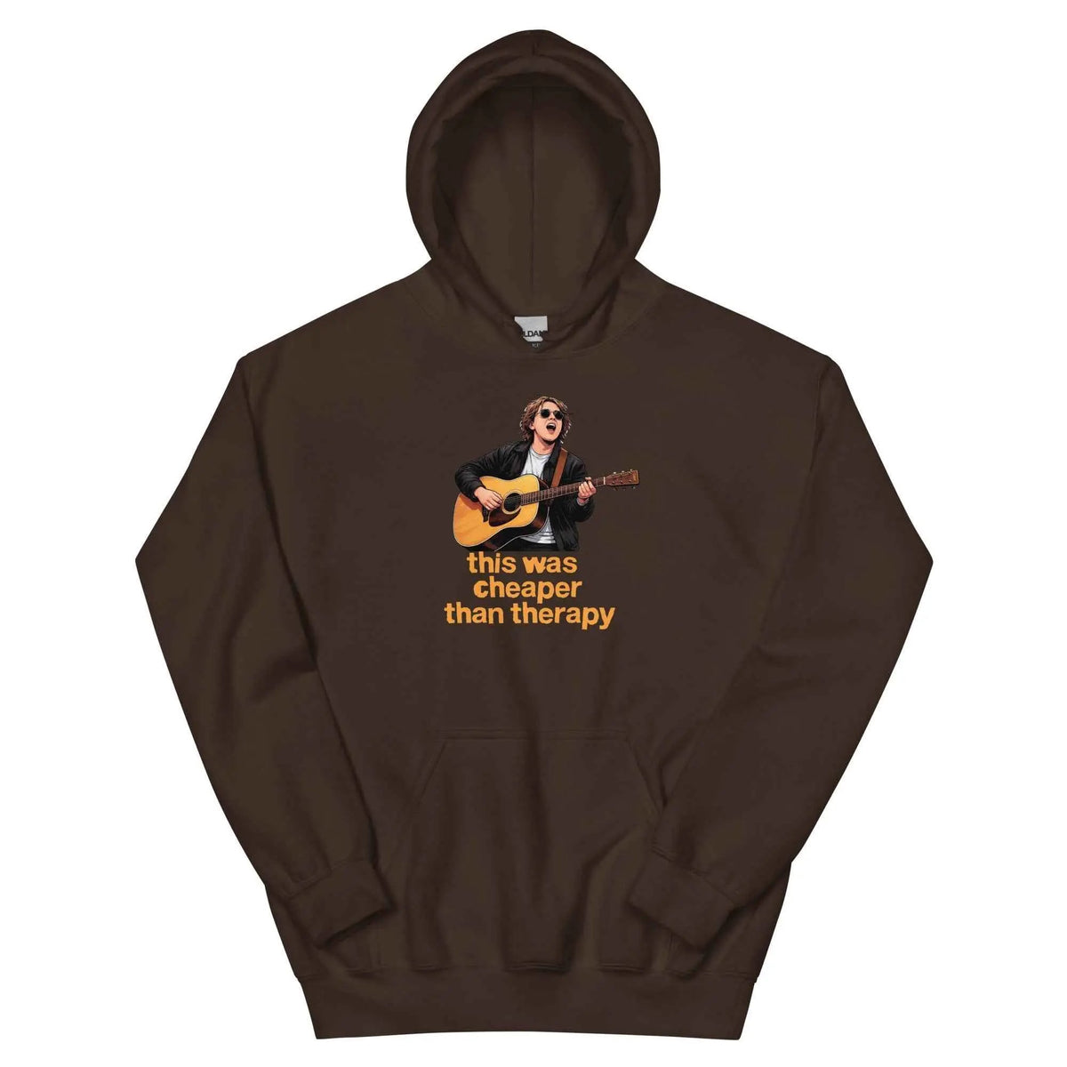 Dark chocolate pullover hoodie with hood and guitar graphic reading “this was cheaper than therapy”