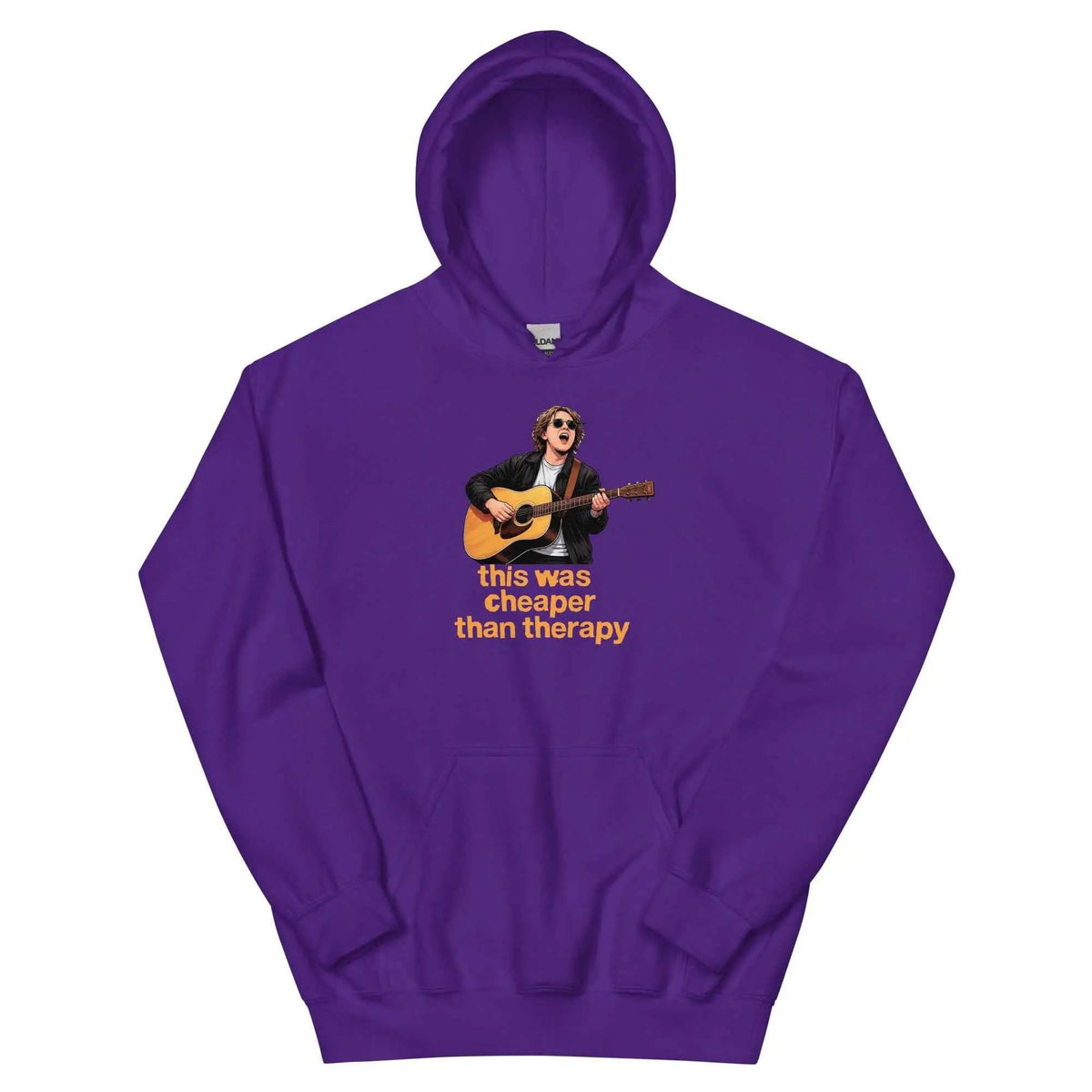 Purple pullover hoodie with guitar graphic and 'this was cheaper than therapy' text