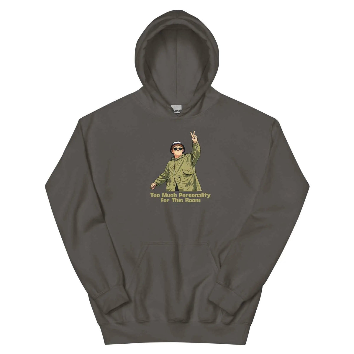 Dark charcoal unisex hoodie with front cartoon graphic and kangaroo pocket