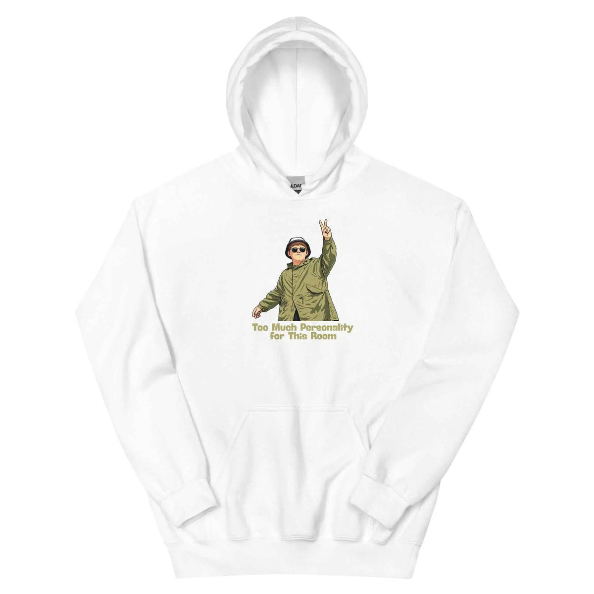 White unisex hoodie with front cartoon graphic and kangaroo pocket