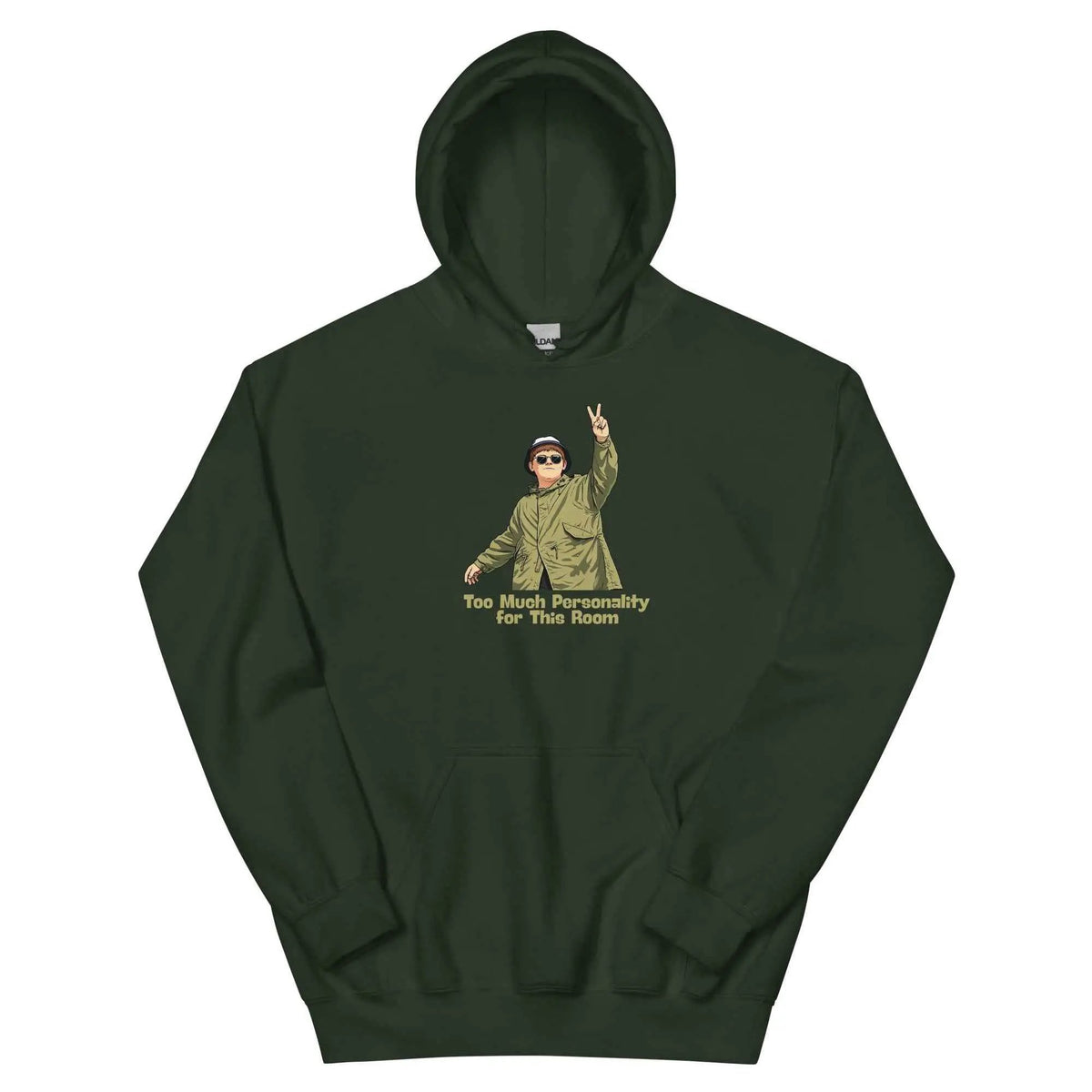 Forest green unisex graphic hoodie with cartoon face and “Too Much Personality” text