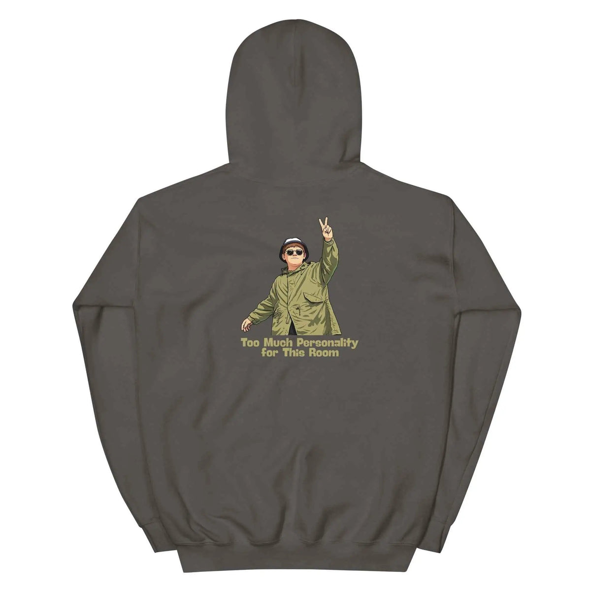 Dark unisex hoodie with back cartoon graphic and kangaroo pocket