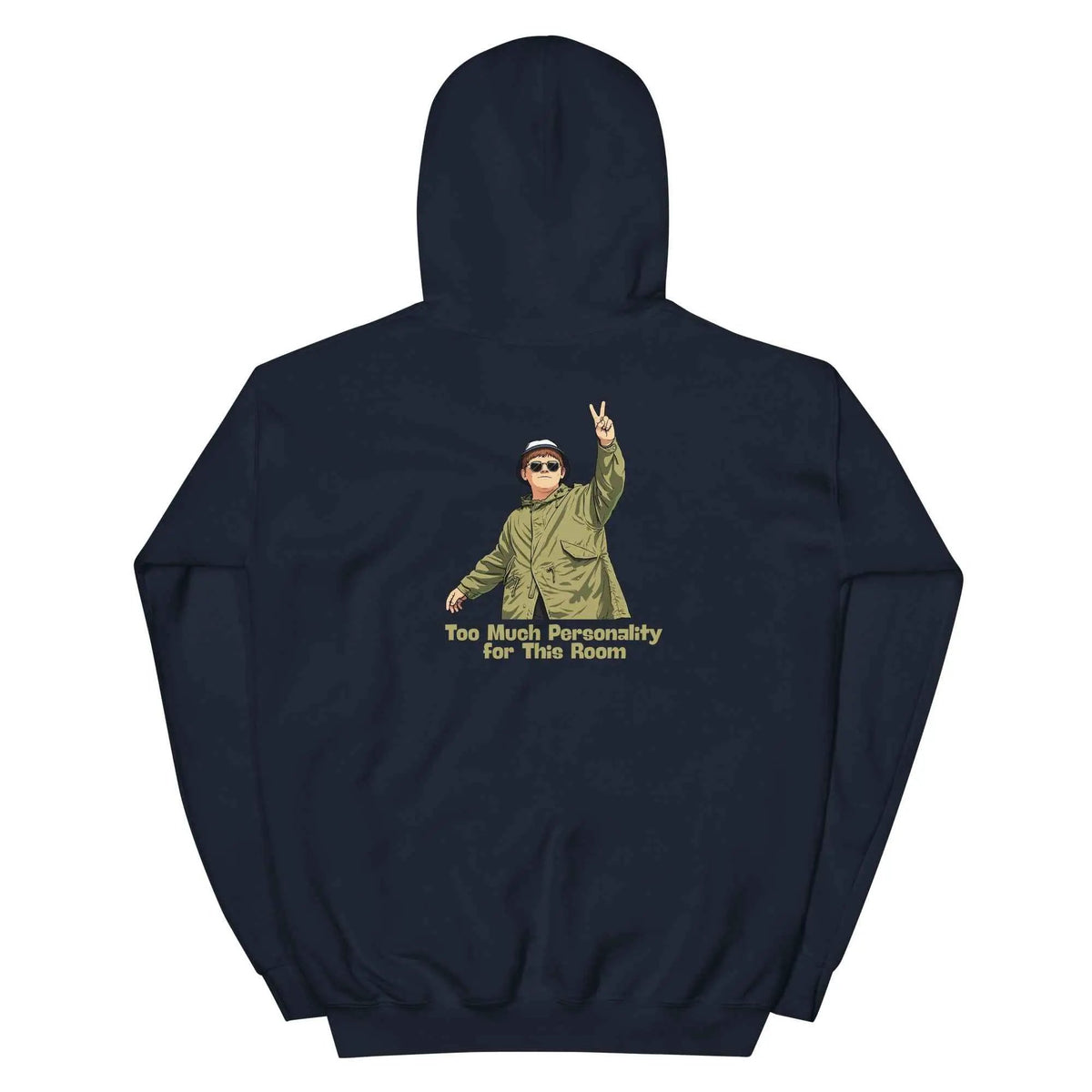 Navy unisex graphic hoodie, back view, with cartoon face and “Too Much Personality” text
