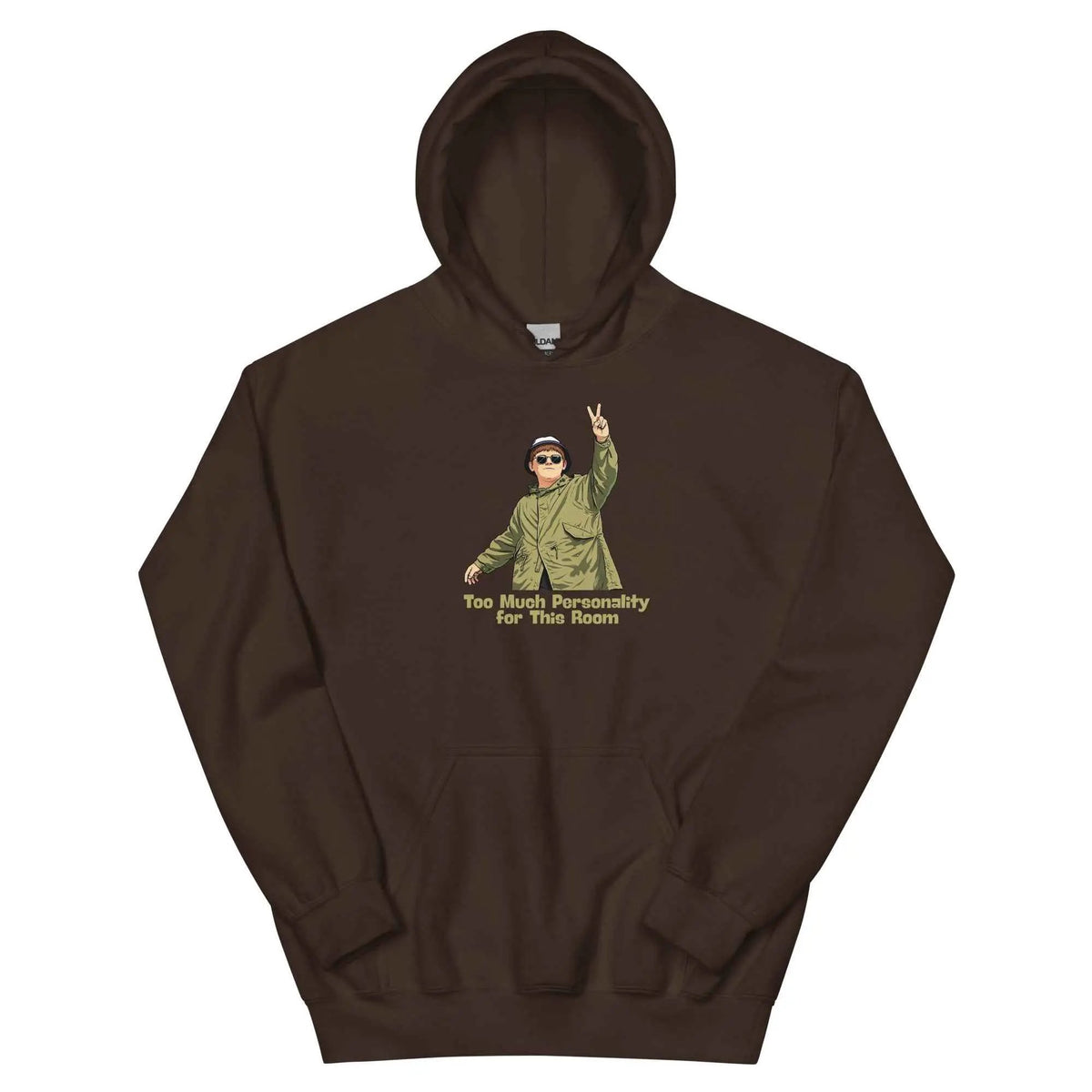 Dark chocolate unisex graphic hoodie with cartoon face and “Too Much Personality” text