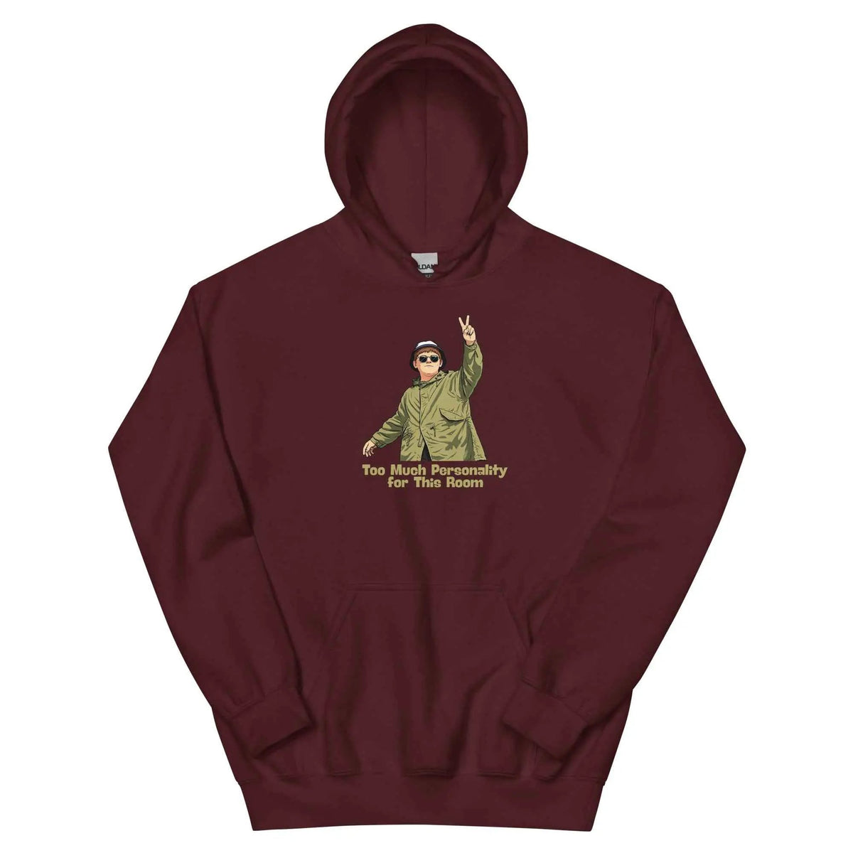 Maroon unisex graphic hoodie with cartoon face and “Too Much Personality” text