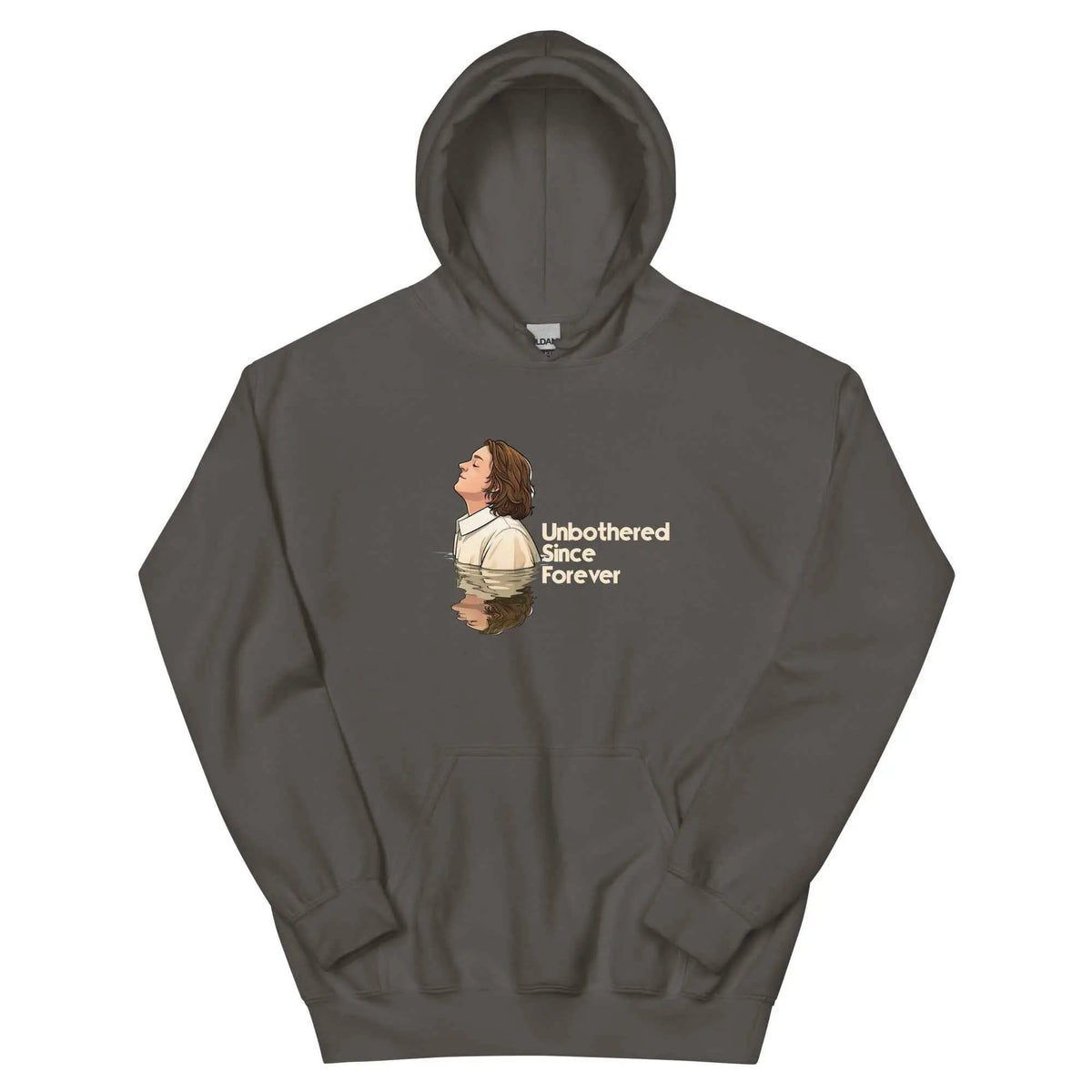 Dark hooded sweatshirt with front graphic and “Unbothered since forever” text