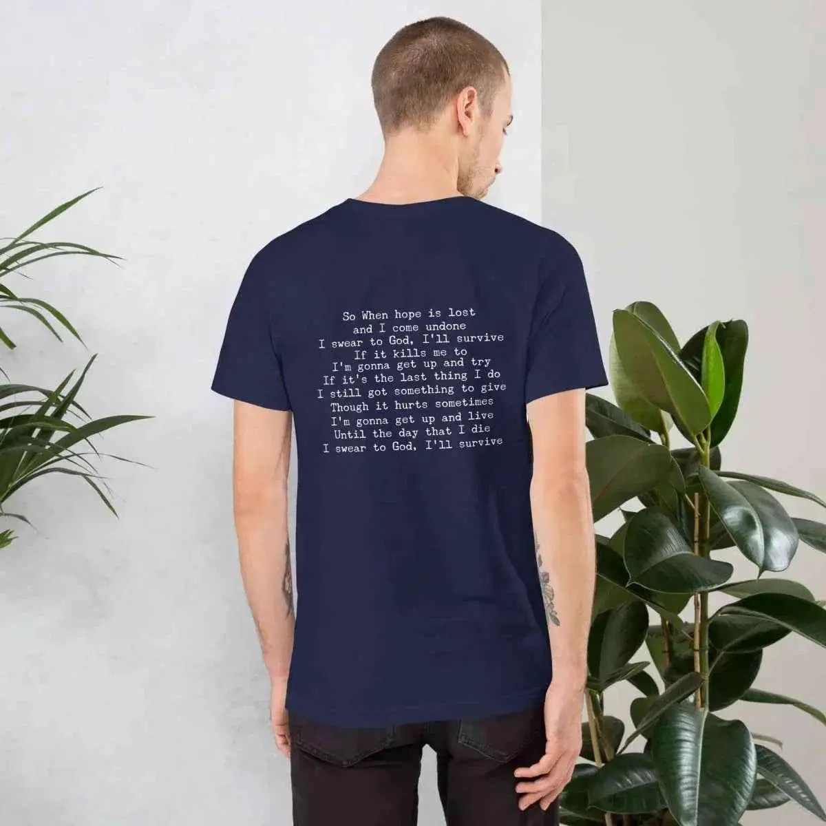 Unisex cotton T-shirt, navy with printed lyrics on back