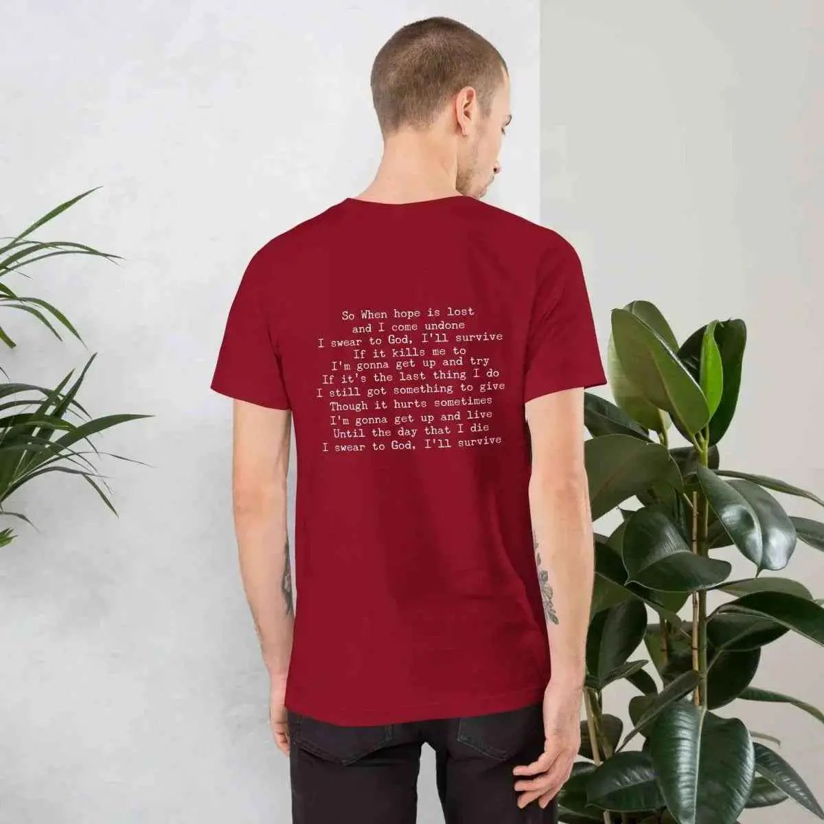 Unisex premium cotton T-shirt with lyric text graphic, red back view