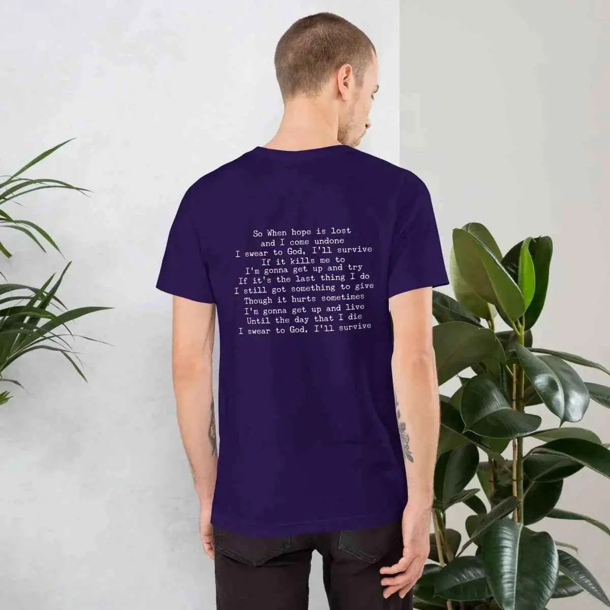 Unisex cotton T-shirt, deep purple with printed lyrics on back