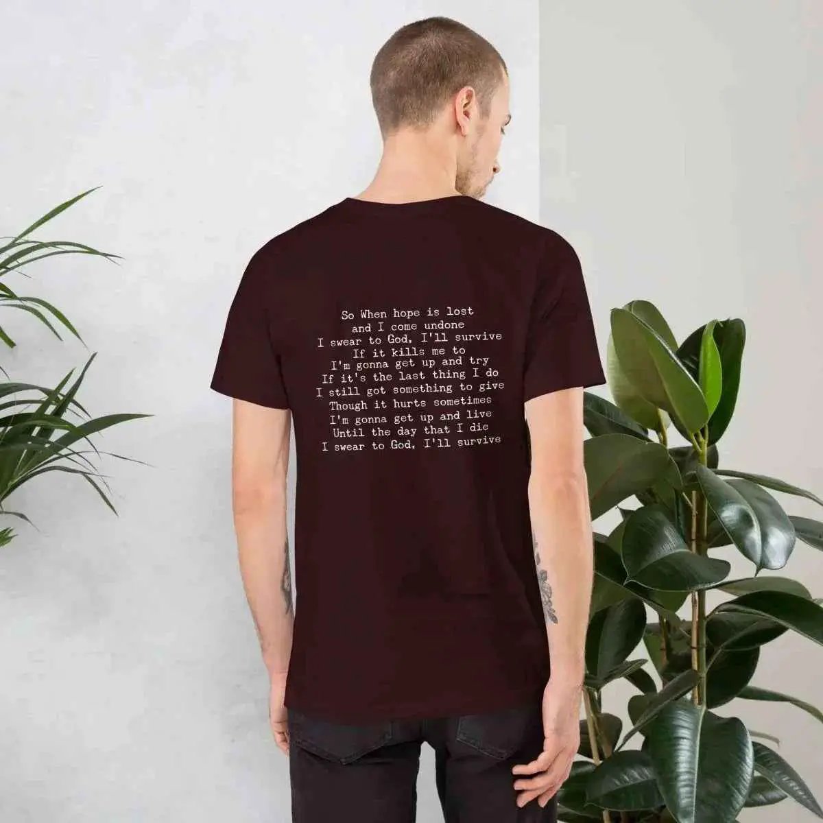 Unisex cotton T-shirt, dark burgundy with printed lyrics on back