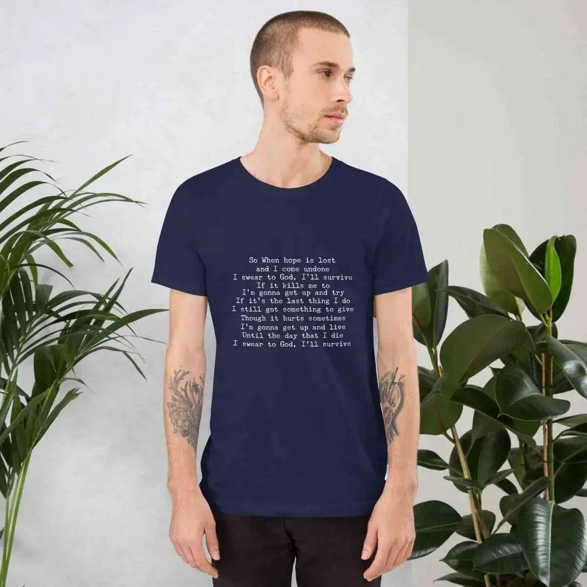 Unisex cotton T-shirt, navy-blue with printed lyrics at center front