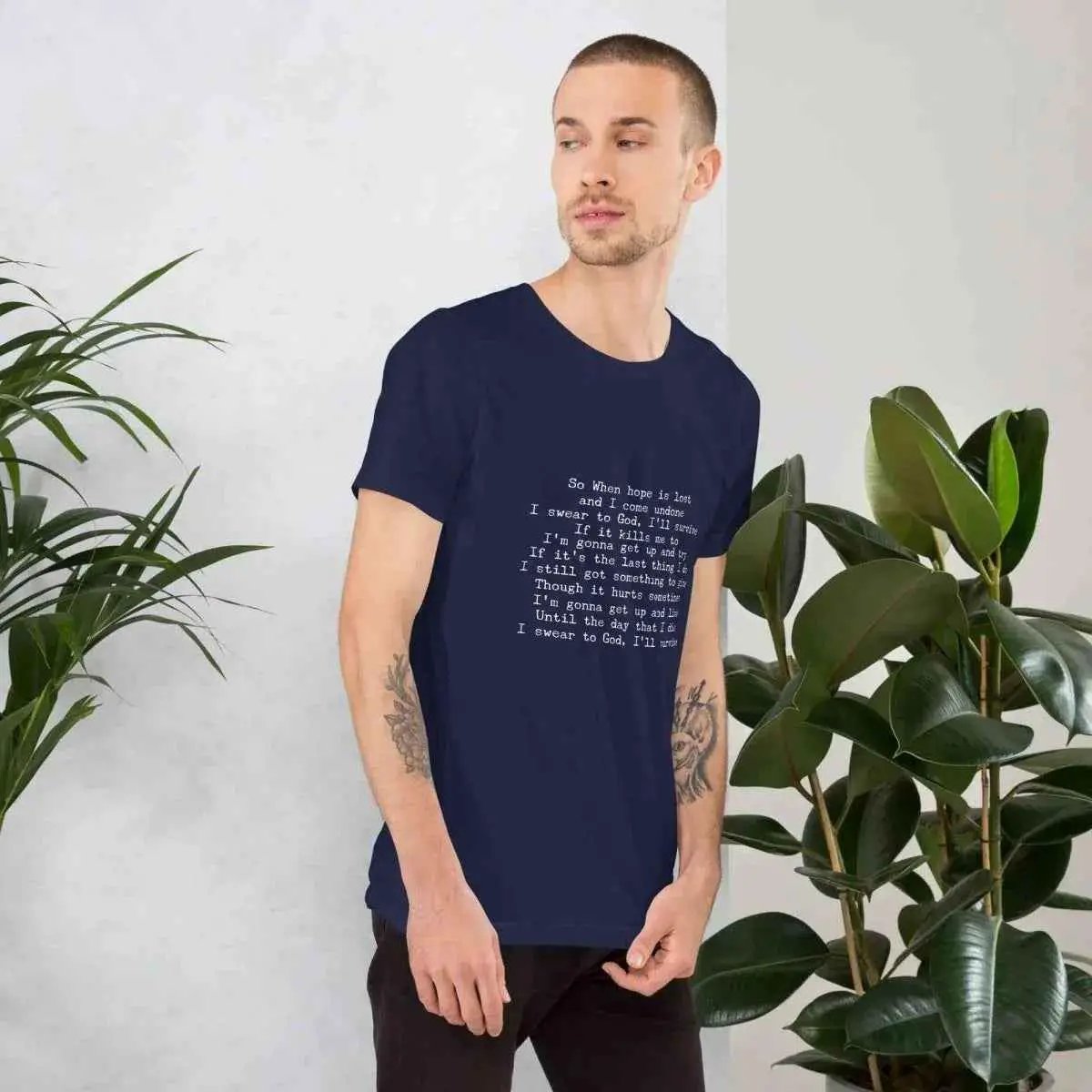 Unisex cotton T-shirt, deep navy with lyrics print at chest