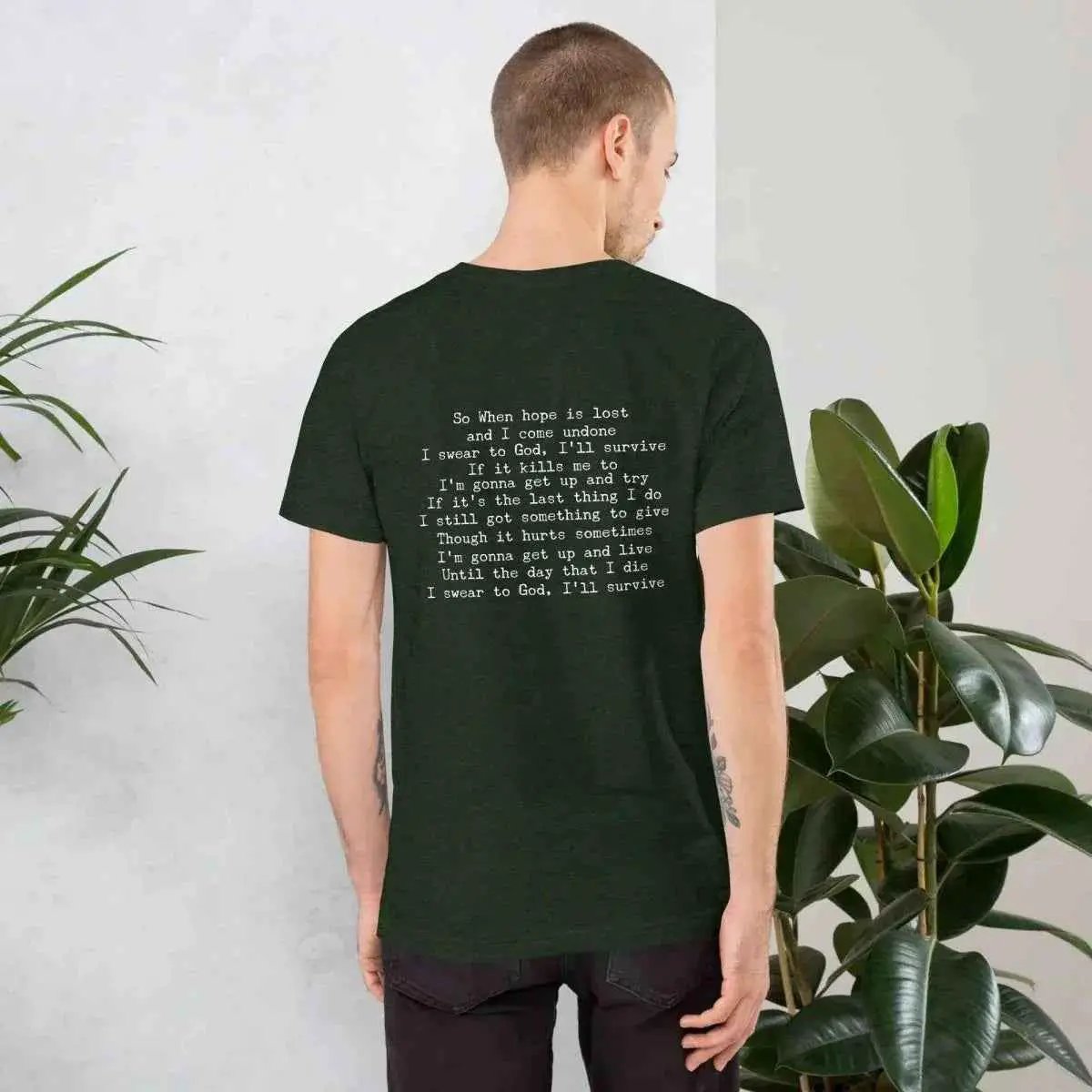 Unisex cotton T-shirt, dark green with printed lyrics on back