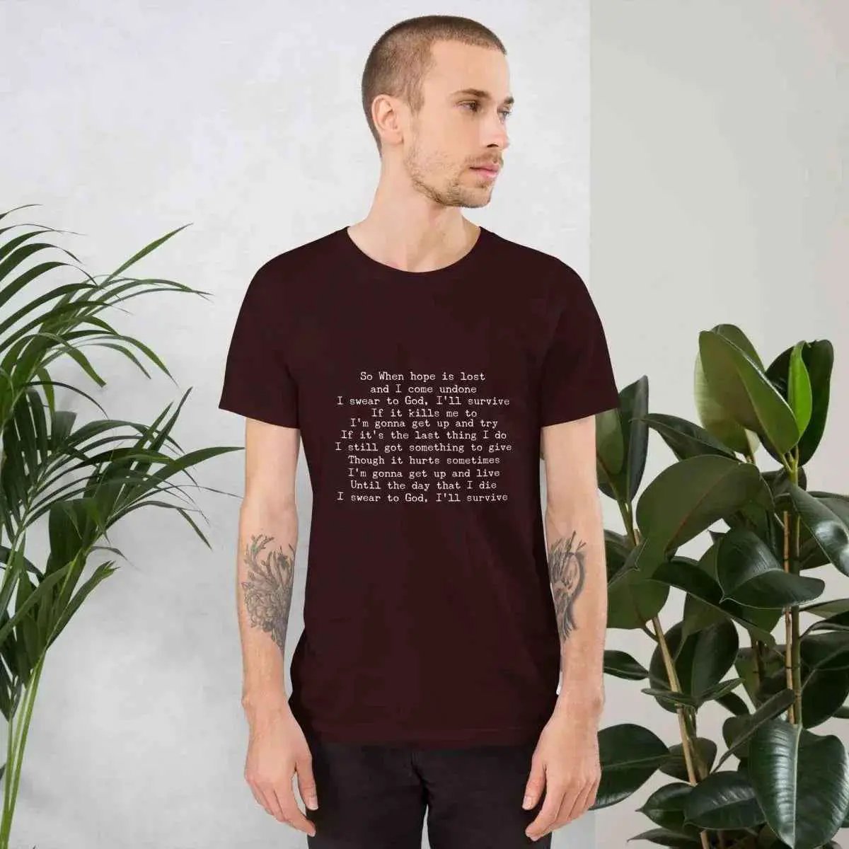 Unisex burgundy cotton T-shirt with front printed song lyrics, crew neck
